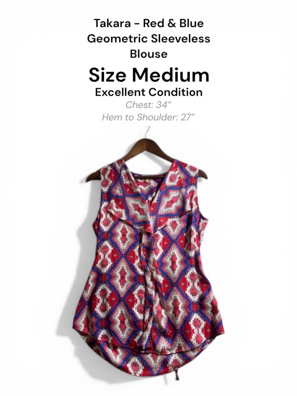 Takara Red & Blue Geometric Sleeveless Blouse – Size Medium